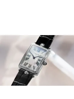 Art Deco Carrée Stainless Steel Leather Strap Watch With Diamonds
