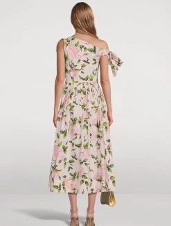 Asymmetric Poplin Midi Dress In Rose Print