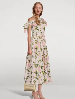 Asymmetric Poplin Midi Dress In Rose Print