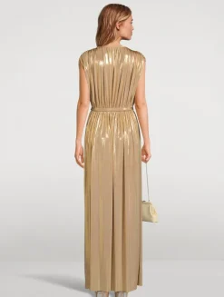 Athena Belted Lamé Gown