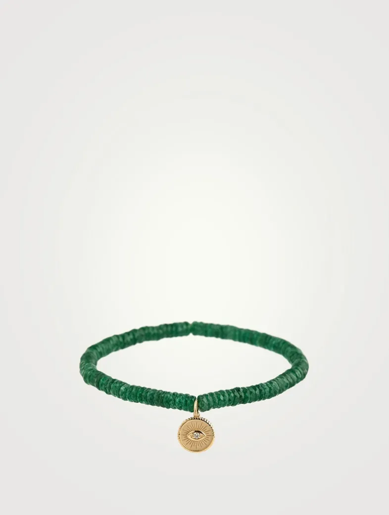 Aventurine Beaded Bracelet With Gold Diamond Eye Coin Charm