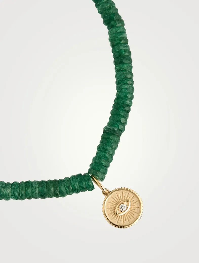Aventurine Beaded Bracelet With Gold Diamond Eye Coin Charm