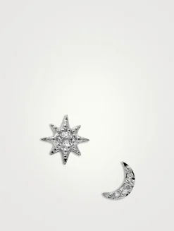 Aztec Silver Moon Crescent And Starburst Mix Stud Earrings With White Sapphire And Topaz