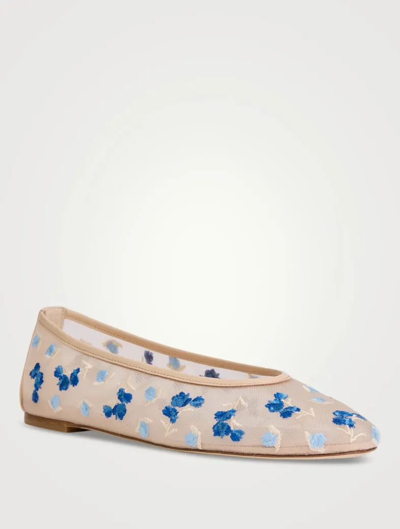 Bareitall Floral-Embroidered Mesh Ballet Flats