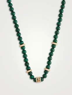 Beaded Malachite Necklace With 14K Gold Diamond Lucky Rondelle