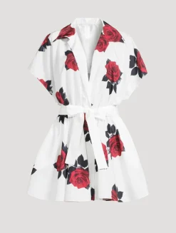 Belted Habotai Shirt Dress In Rose Print