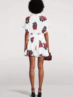 Belted Habotai Shirt Dress In Rose Print