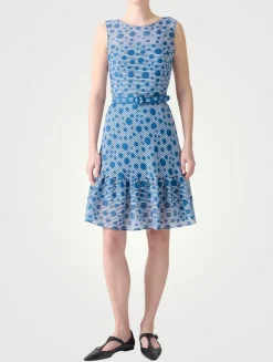 Belted Midi Dress In Stripe Dot Print