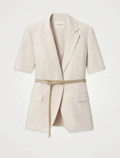 Belted Silk Linen Short-Sleeve Blazer