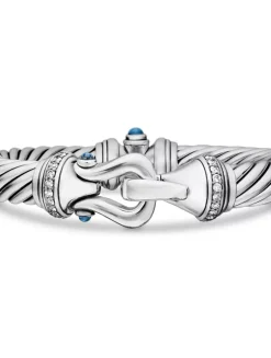 Buckle Classic Cable Bracelet In Sterling Silver With Hampton Blue Topaz And Diamonds, 9mm
