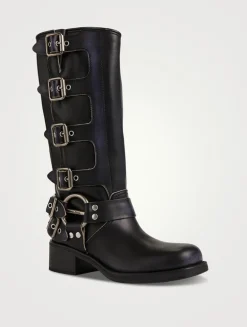 Buckle Leather Mid-Calf Boots