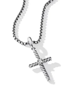 Cable Classics Cross Pendant In Sterling Silver With Center Diamond