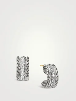 Cable Collectibles® Huggie Hoop Earrings In Sterling Silver With Pavé Diamonds