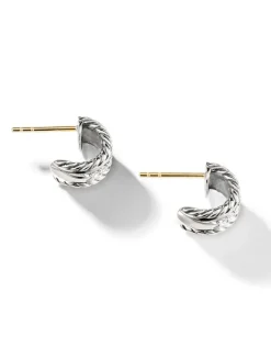 Cable Collectibles® Huggie Hoop Earrings In Sterling Silver With Pavé Diamonds