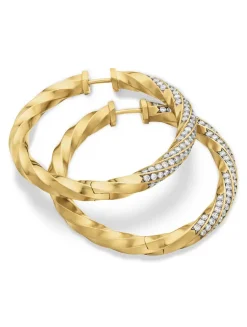 Cable Edge® Hoop Earrings In 18k Yellow Gold With Diamonds, 1.5in