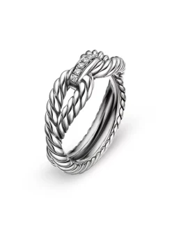 Cable Loop Band Ring In Sterling Silver With Pavé Diamonds