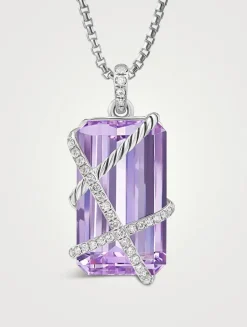 Cable Wrap Amulet In Sterling Silver With Lavender Amethyst And Diamonds, 31mm