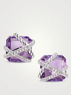 Cable Wrap Stud Earrings In Sterling Silver With Lavender Amethyst And Diamonds, 12mm