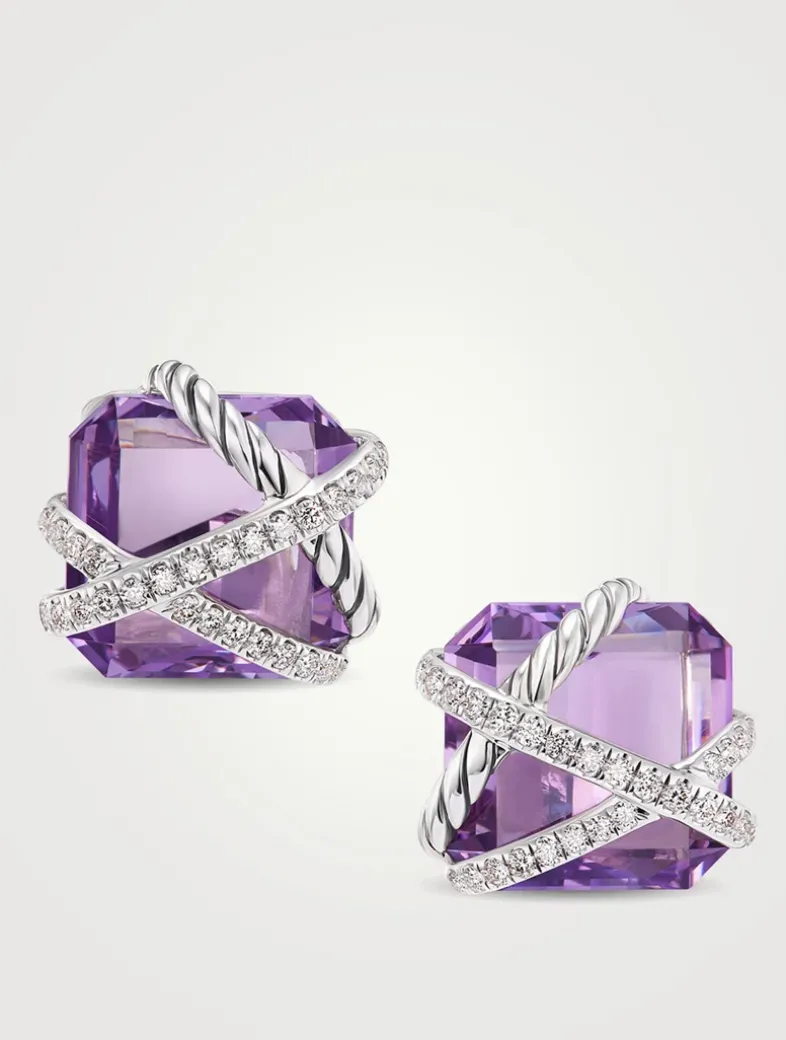 Cable Wrap Stud Earrings In Sterling Silver With Lavender Amethyst And Diamonds, 12mm