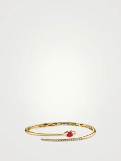 Cabochon 14K Gold Snake Bangle Bracelet With Ruby And Diamonds