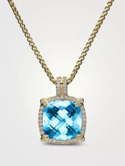 Chatelaine® Pavé Bezel Pendant Necklace In 18k Yellow Gold With Blue Topaz And Diamonds, 14mm