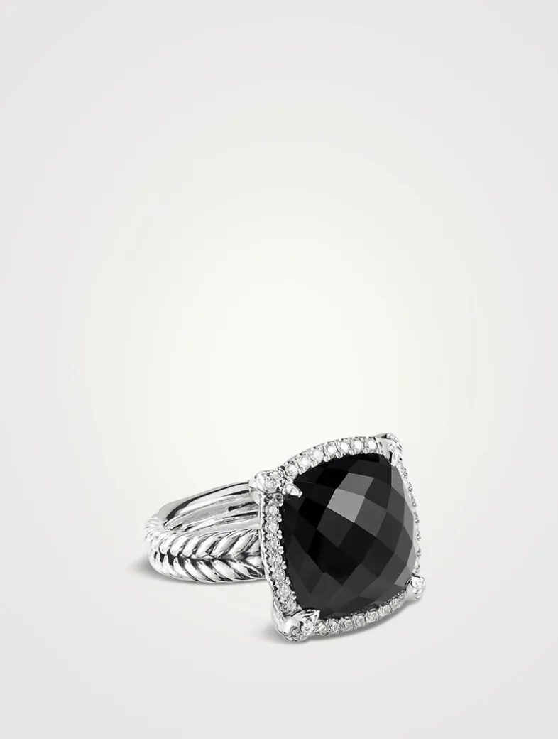 Chatelaine® Pavé Bezel Ring In Sterling Silver With Black Onyx And Diamonds