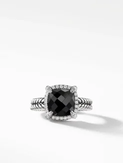 Chatelaine® Pavé Bezel Ring In Sterling Silver With Black Onyx And Diamonds