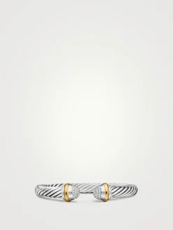 Classic Cable Bracelet In Sterling Silver With 18k Yellow Gold And Pavé Diamond Domes, 7mm