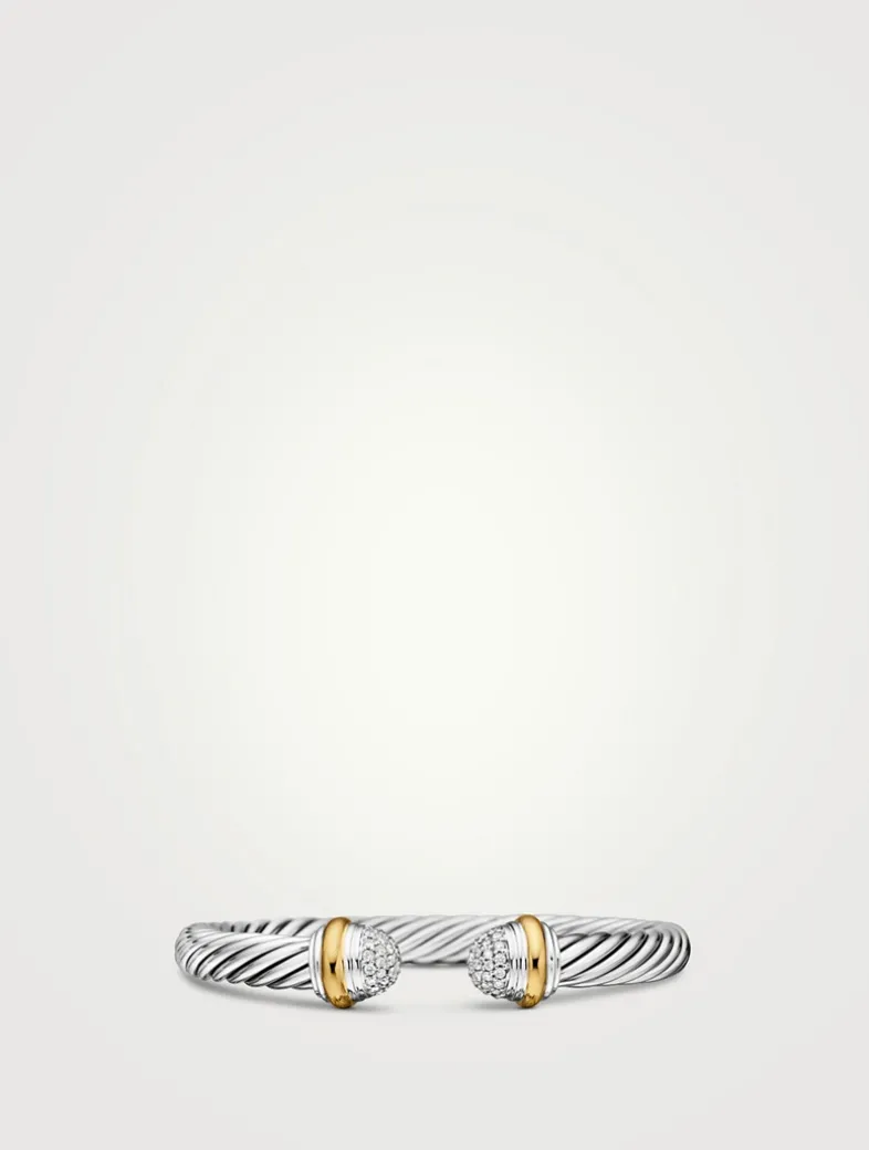 Classic Cable Bracelet In Sterling Silver With 18k Yellow Gold And Pavé Diamond Domes, 7mm
