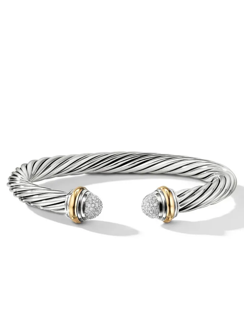 Classic Cable Bracelet In Sterling Silver With 18k Yellow Gold And Pavé Diamond Domes, 7mm