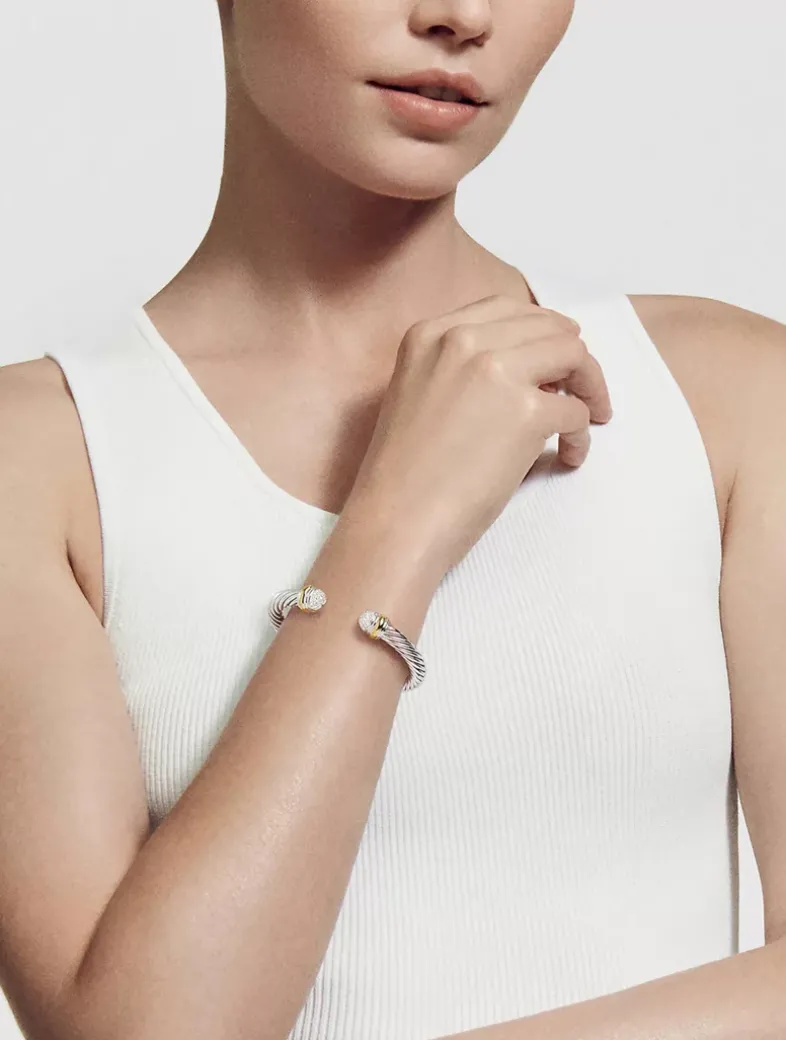 Classic Cable Bracelet In Sterling Silver With 18k Yellow Gold And Pavé Diamond Domes, 7mm