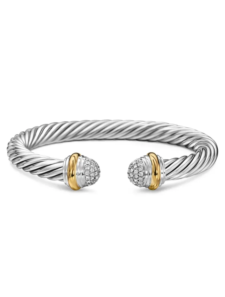 Classic Cable Bracelet In Sterling Silver With 18k Yellow Gold And Pavé Diamond Domes, 7mm