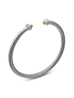 Classic Cable Bracelet In Sterling Silver With 18k Yellow Gold Domes And Diamonds, 4mm
