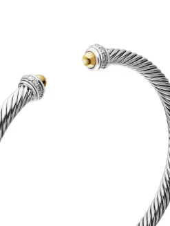 Classic Cable Bracelet In Sterling Silver With 18k Yellow Gold Domes And Diamonds, 4mm
