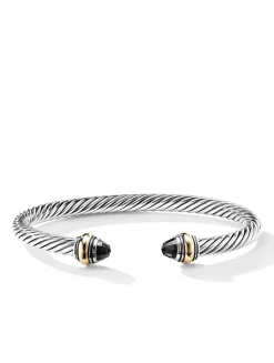 Classic Cable Bracelet In Sterling Silver With 14k Yellow Gold And Black Onyx, 5mm