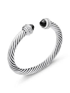 Classic Cable Bracelet In Sterling Silver With Black Onyx And Diamonds, 7mm