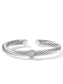 Classic Cable Station Bracelet In Sterling Silver With Pavé Diamonds, 7mm