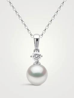 Classic 18K White Gold Akoya Pearl And Diamond Pendant Necklace