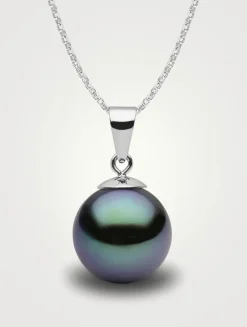 Classic 18K White Gold 9-10mm Black Tahitian Pearl Pendant Necklace