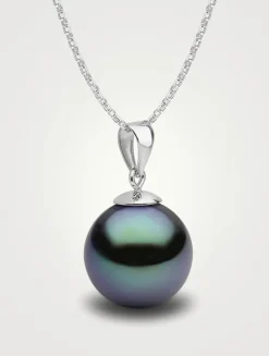 Classic 18K White Gold 9-10mm Black Tahitian Pearl Pendant Necklace