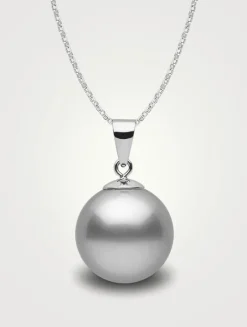 Classic 18K White Gold 9-10mm Silver Tahitian Pearl Pendant Necklace