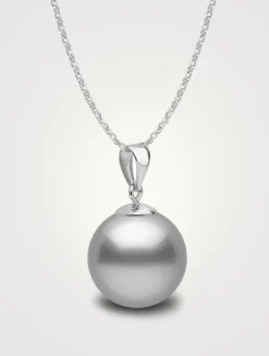 Classic 18K White Gold 9-10mm Silver Tahitian Pearl Pendant Necklace
