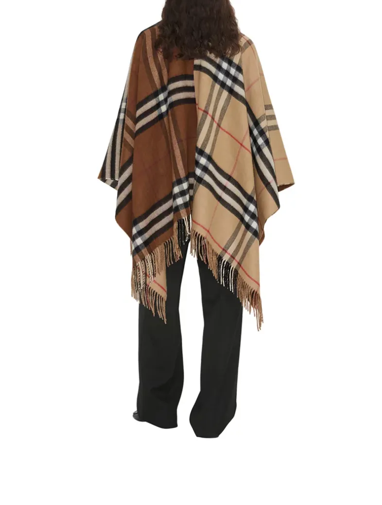 Contrast Check Wool Cashmere Cape