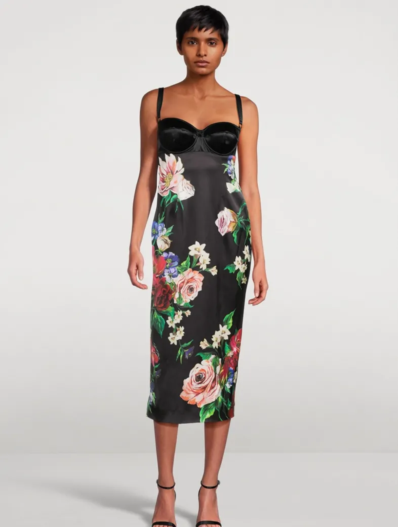 Corset Satin Midi Dress In Floral Print
