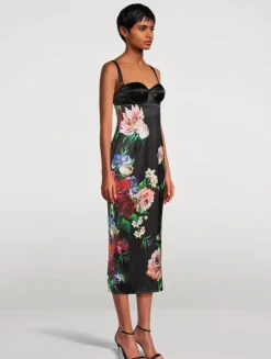 Corset Satin Midi Dress In Floral Print