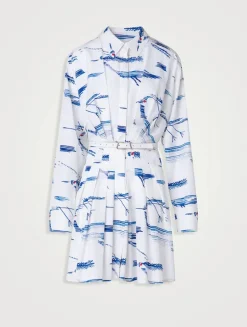 Cotton Shirt Dress In Kasuri Birds Print