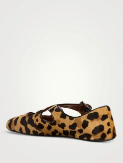Criss Cross Calf Hair Ballet Flats In Leopard Print