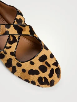 Criss Cross Calf Hair Ballet Flats In Leopard Print