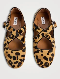 Criss Cross Calf Hair Ballet Flats In Leopard Print