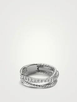 Crossover Band Ring In Sterling Silver With Pavé Diamonds